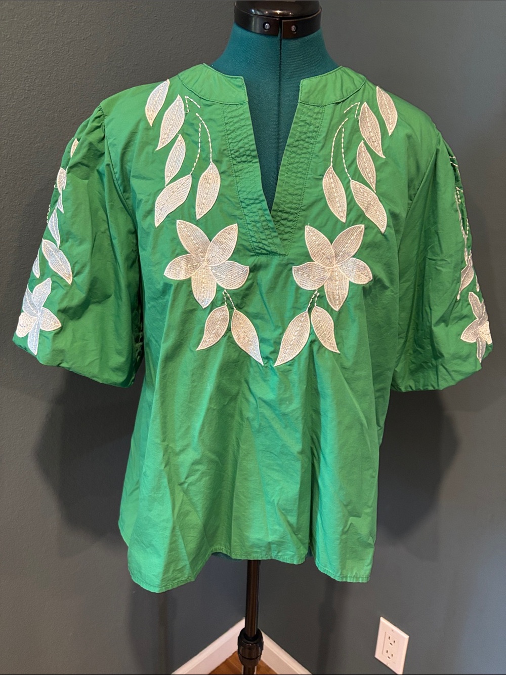 Green Embroidered Split-Neck Tunic Top